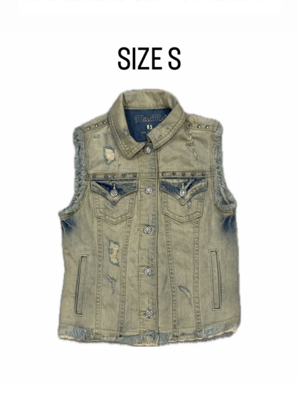 Miss Me Distressed Studded Denim Vest Light Wash Lace Trim Small